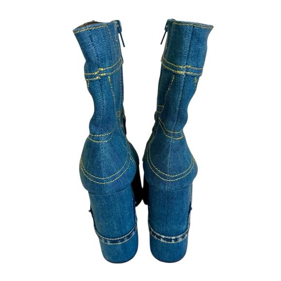 JEFFREY CAMPBELL Patchwork Denim Chunky Platform Cowgirl Rave Western Boots 38 - Picture 6 of 10